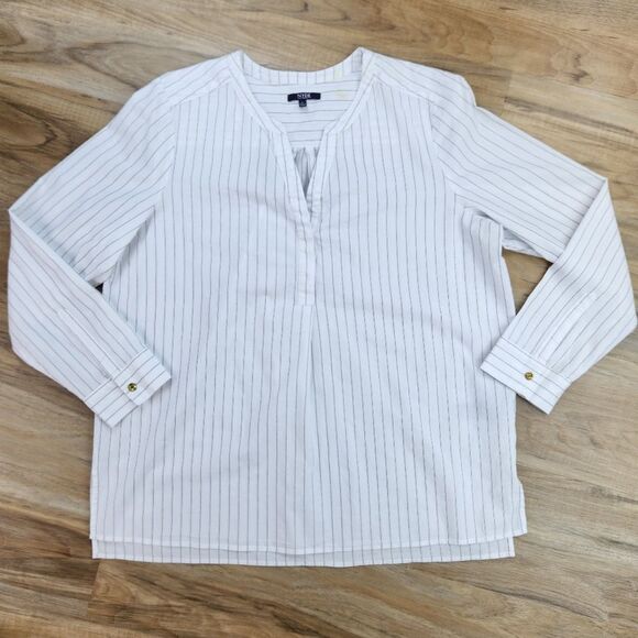 🔺️NYDJ White Pinstripe Button Popover Long Sleeve Top Large - Picture 2 of 14